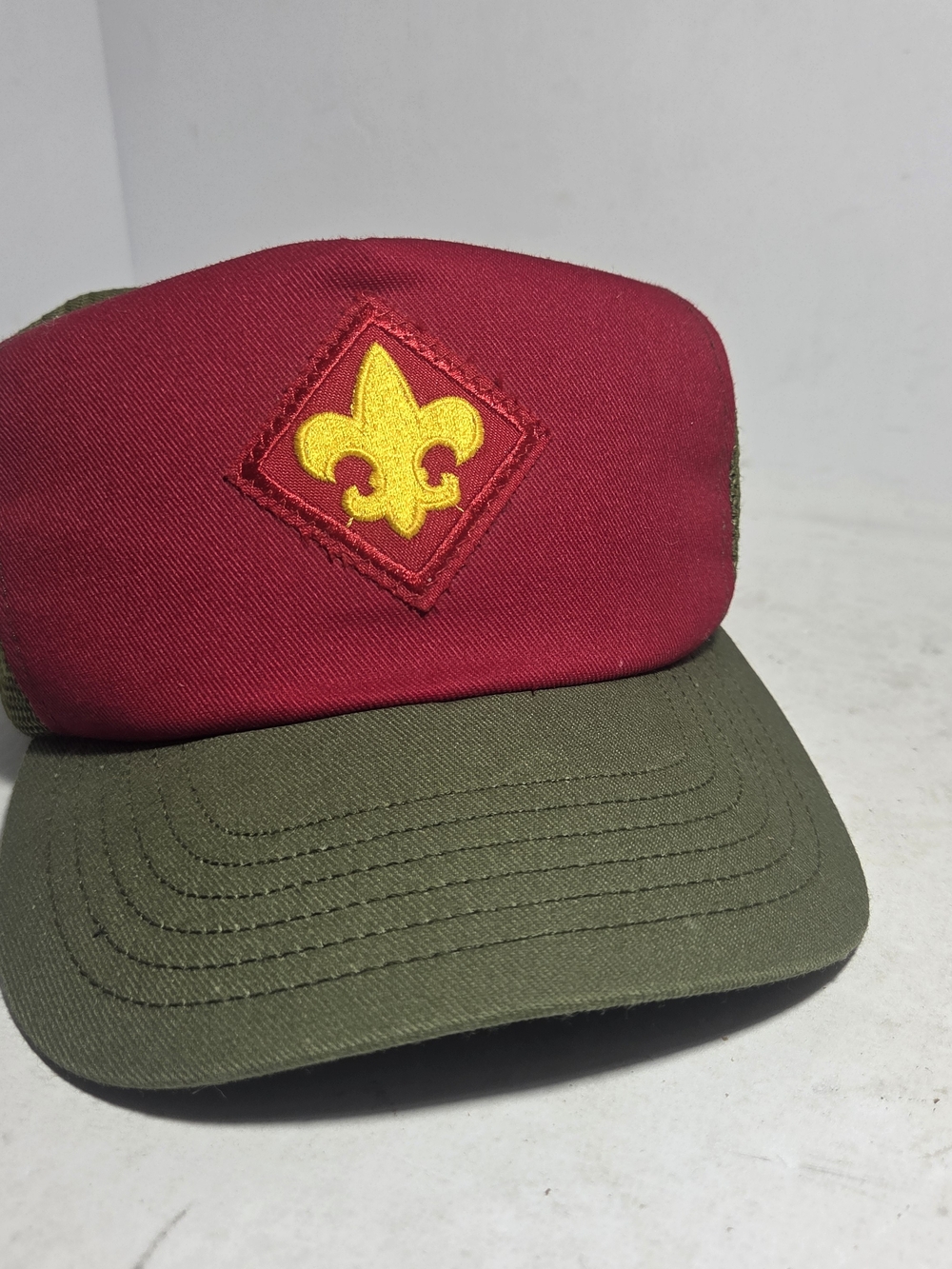 Vintage Boy Scouts of America Mesh Trucker Hat Red Olive Green Made in USA